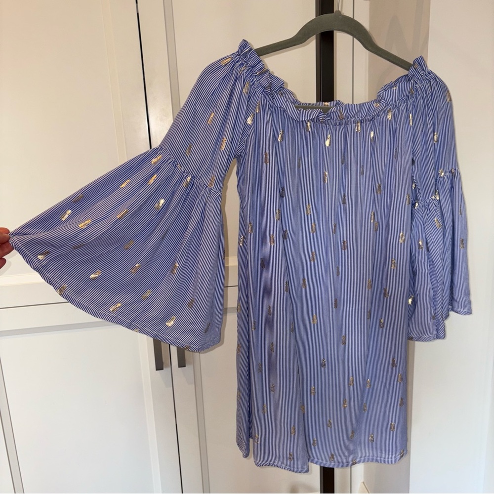 Solitaire Swim Blue Stripe Off Shoulder Cover Up Dress Bell Sleeve Small Coastal